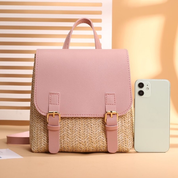 Boho Pink Vegan Leather Straw Mini Backpack - Picture 3 of 5